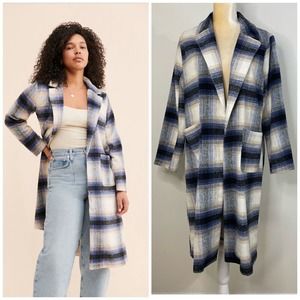 Anthropologie GLAMOROUS Open Front Plaid Long Coat Size L Blue